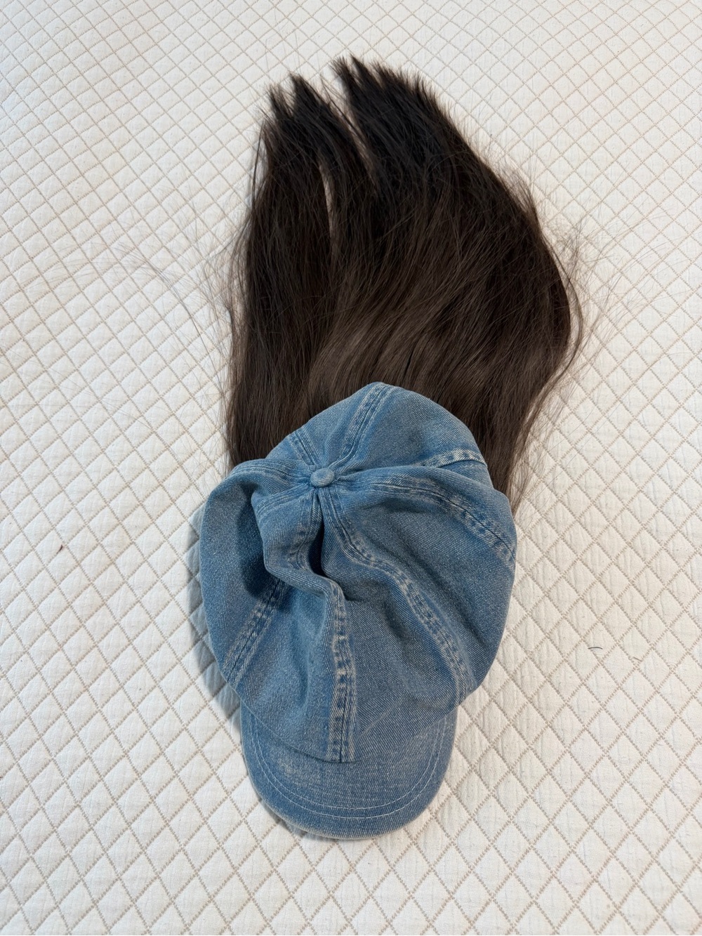 Cara Park Blue Denim Newsboy Cap with Integrated Brown Wig, Long & Straight